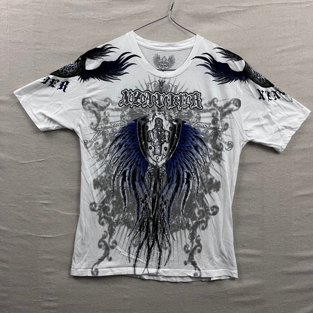 Xzavier Mens XL Graphic T-Shirt‎ White Blue Winged Shield Cross MMA Gothic Y2K